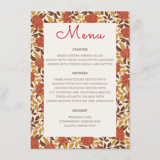 Menu Dusty Brunt Orange Peony Flowers Mariage de automn (Devant)