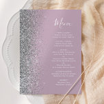 Menu Dusty Lilac Mariage Parties scintillant en argent<br><div class="desc">Le bord gauche de cet élégant menu mariage moderne présente une bordure de parties scintillant en faux argent. Le texte personnalisable combine un script d'écriture blanc fantaisiste et des polices de cuivre sur un arrière - plan lilas poussiéreux. L'envers présente une parties scintillant lilas et argentée assortie.</div>