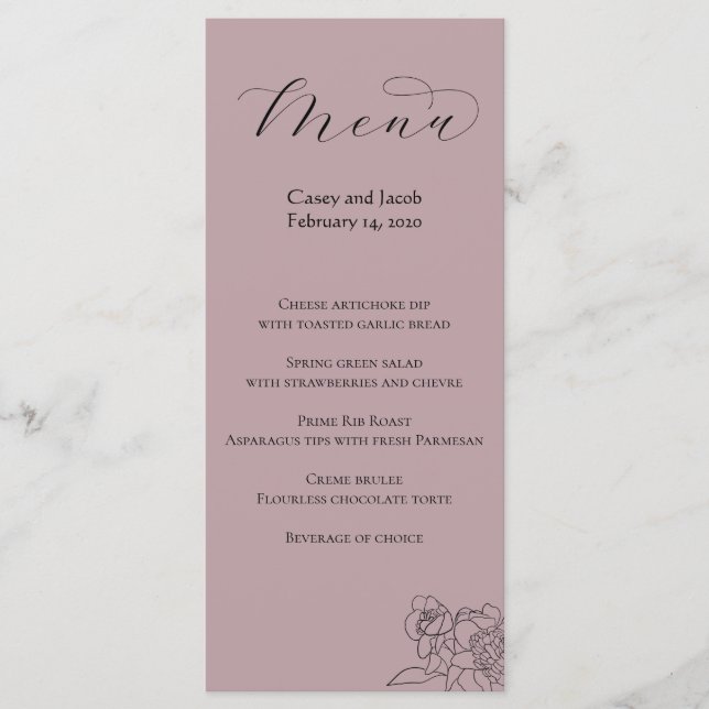 Menu Dusty Mauve pour Mariages ou événements (Devant)