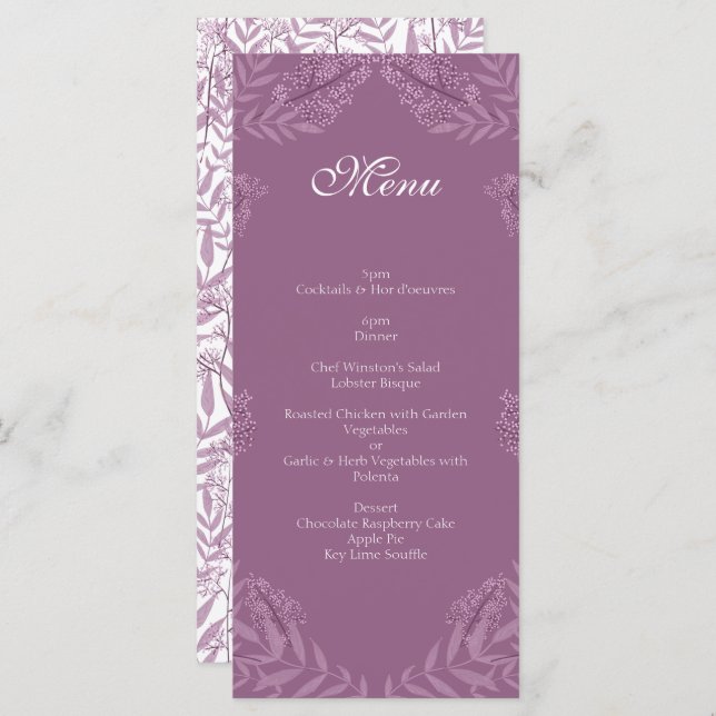 Menu Dusty Plum violet Mariage Botanique (Devant / Derrière)