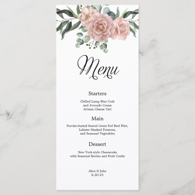 Menu Dusty Rose et Mariage Floral vert (Devant)