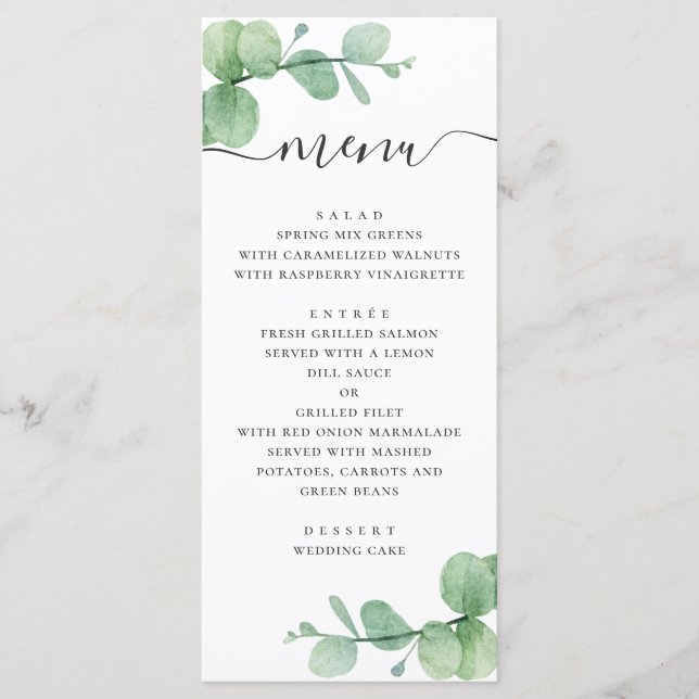 Menu Eau-couleur eucalyptus. Mariage de script élégant (Devant)