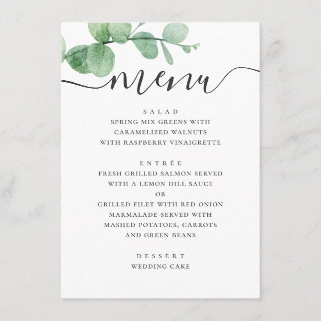 Menu Eau-couleur eucalyptus. Mariage de script élégant (Devant)