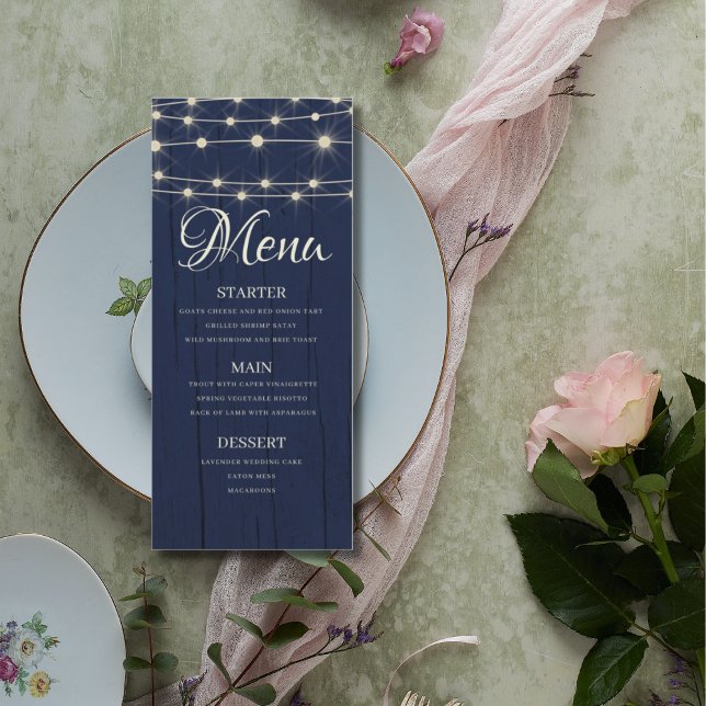 Menu Éclairage à cordes rustiques Mariage en bois bleu  (Créateur téléchargé)