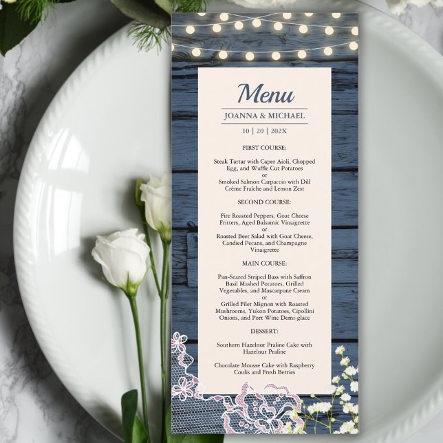 Menu Éclairage de mariage rustique en bois bleu et guir (Créateur téléchargé)