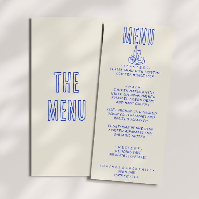 Menu Écrit main dessiné Bleu Retro Quirky Mariage amusa (Créateur téléchargé)
