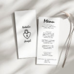 Menu Ecrit main dessiné Retro Quirky Unique Mariage<br><div class="desc">Un menu coloré rétro moderne pêche jaune mariage menu pour le dîner. Ce qui présente le design modèle chic de boho vintage arrière - plan blanc et la typographie noire et menu écrit à la main en noir. Et arrière - plan du dos blanc avec coeur tiré à la main...</div>