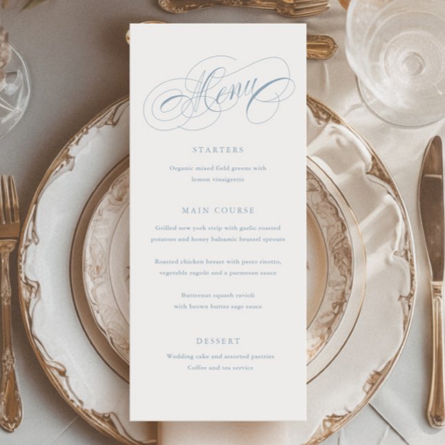 Menu Écriture Élégante Calligraphie Haut  (Elegant dusty blue script tall dinner menu.)