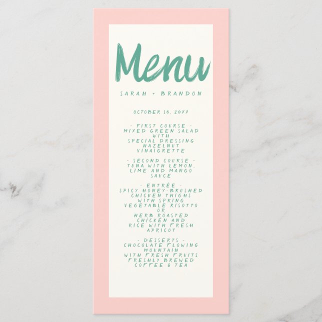 Menu Écriture manuscrite rose verte Typographie Mariage (Devant)
