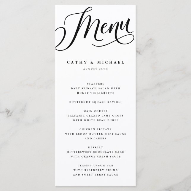 Menu Écriture Moderne Flourish, Noir et Blanc Haut (Devant)