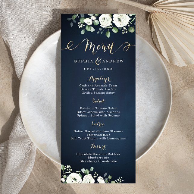 Menu Écriture or moderne marine bleu blanc mariage flor (Modern gold script navy blue white floral wedding menu)