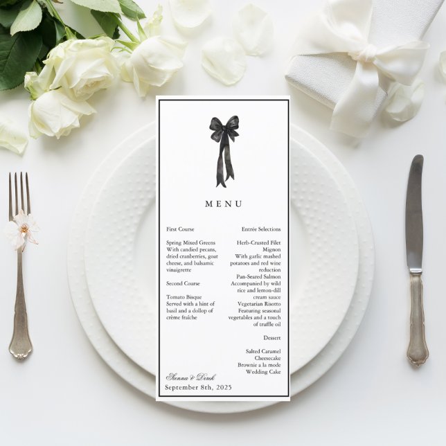 Menu Élégance Bow ruban Mariage noir et blanc (Créateur téléchargé)