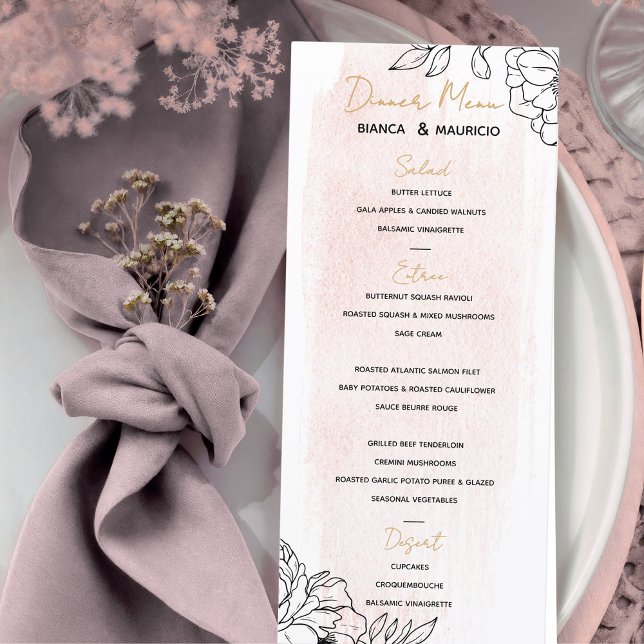 Menu Elégance de couleur d'eau vive avec accentuation d (Blush Watercolor Elegance with Black Floral Accent Menu)