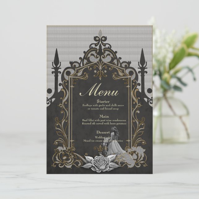Menu Elégance en argent et noir. (Debout devant)