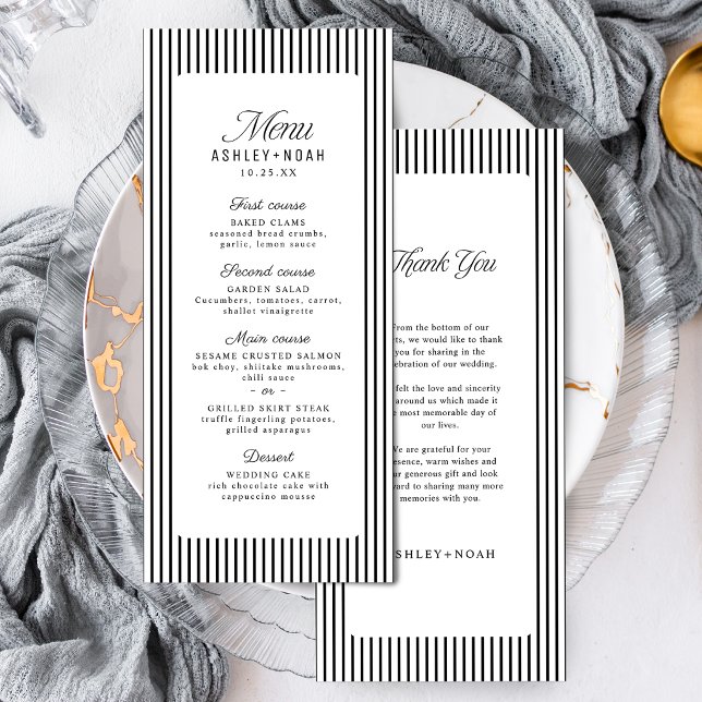 Menu Élégance rayée noir et blanc Mariage classe (Black & White Striped Elegance Classy Wedding Menu)