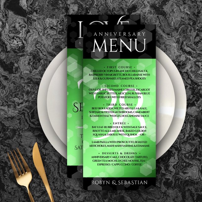 Menu Élégant 38e anniversaire du Mariage Emeraude (Elegant 38th Emerald Wedding Anniversary Menu Rack Card Cover Photo.)