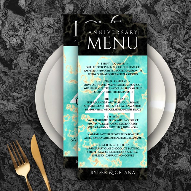 Menu Élégant 44ème anniversaire de Mariage turquoise (Elegant 44th Turquoise Wedding Anniversary Menu Rack Card Cover Photo.)