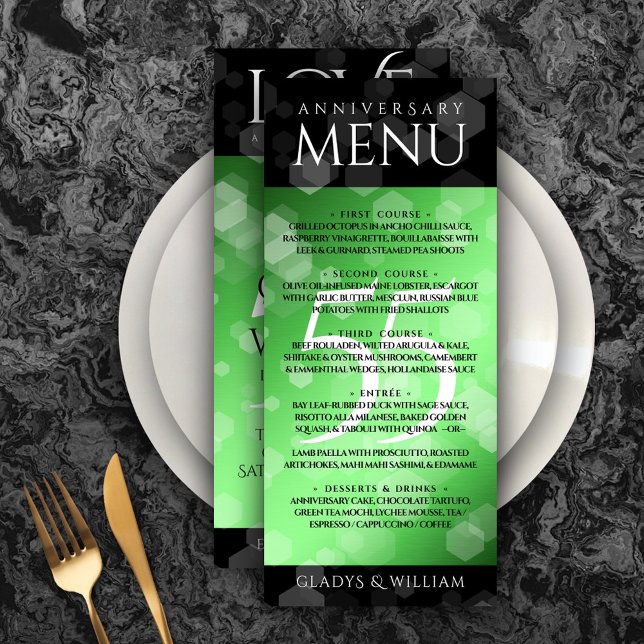 Menu Élégant 55e anniversaire de Mariage d'émeraude (Elegant 55th Emerald Wedding Anniversary Menu Rack Card Cover Photo.)