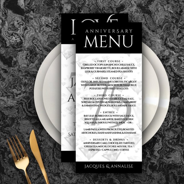 Menu Élégant 75e anniversaire de Mariage de diamant (Elegant 75th Diamond Wedding Anniversary Menu 
Rack Card Cover Photo.)