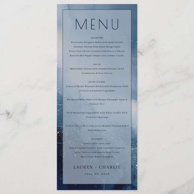 Menu élégant à l'aquarelle bleue (Devant)