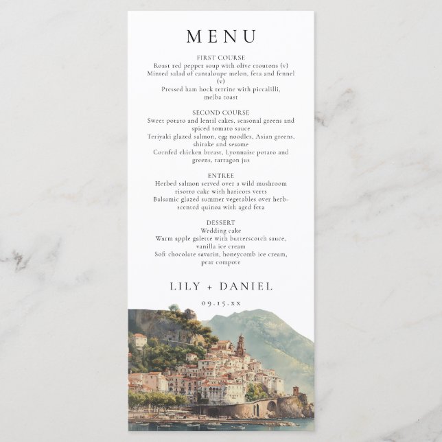 Menu Elegant Amalfi Italian Watercolor Wedding (Devant)