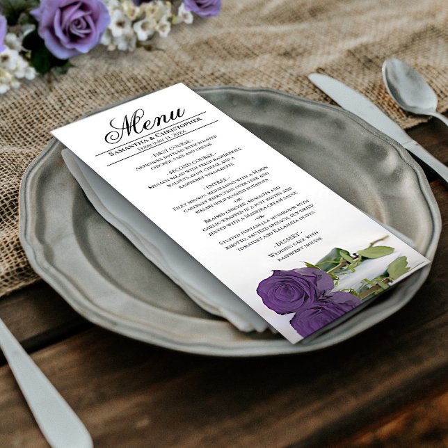 Menu Élégant Améthyste violet Rose Réflexions Mariage (In Situ on Plate)