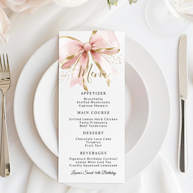 Menu Elégant Anniversaire 16 Ans Rose Gold Coquette (Elegant Coquette pink and gold bow Menu card)