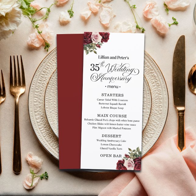 Menu Élégant Anniversaire de Mariage Fleurs 35 ans (Créateur téléchargé)