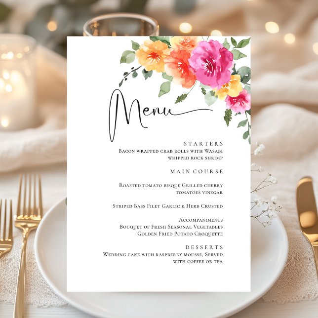 Menu Elégant Aquarelle Fleurs Lumineuses Dîner Mariage (Créateur téléchargé)