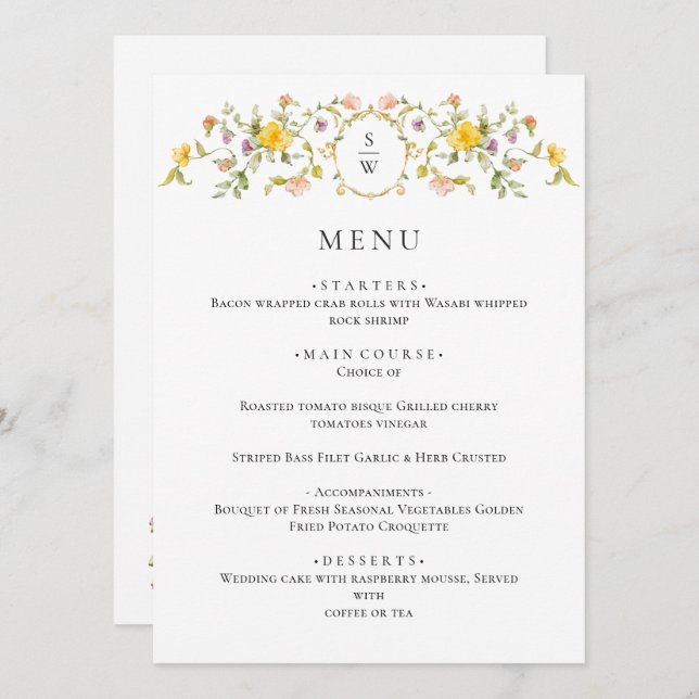 Menu Elégant Aquarelle Fleurs sauvages Dîner Mariage (Devant / Derrière)