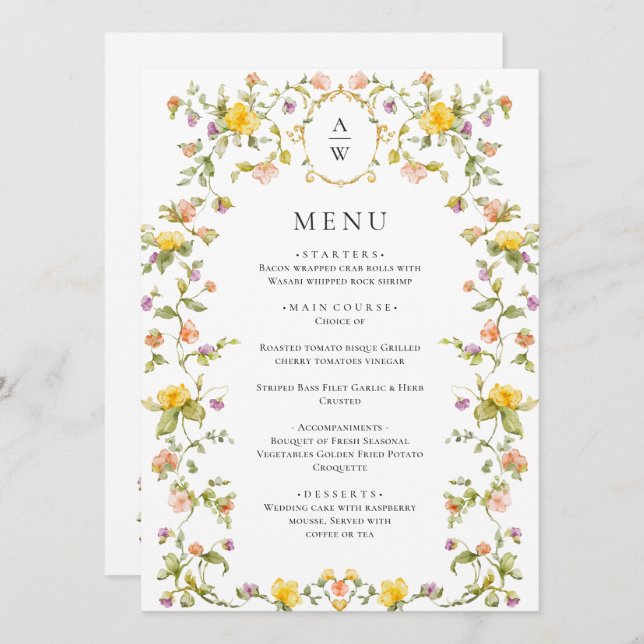 Menu Elégant Aquarelle Fleurs sauvages Dîner Mariage (Devant / Derrière)