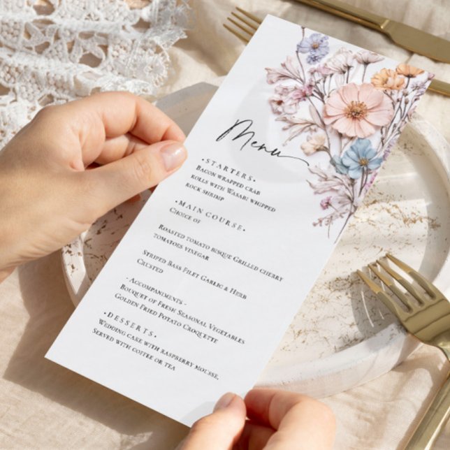 Menu Elégant Aquarelle Fleurs sauvages Dîner Mariage (Créateur téléchargé)