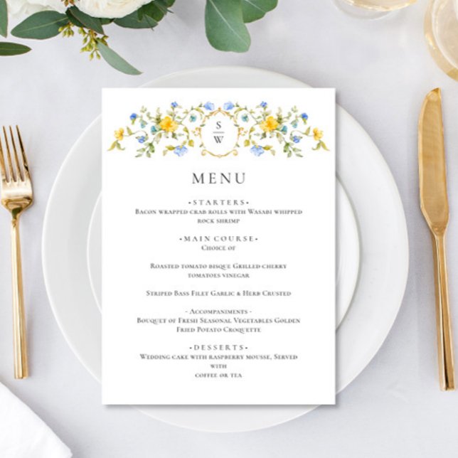 Menu Elégant Aquarelle Fleurs sauvages Dîner Mariage (Créateur téléchargé)