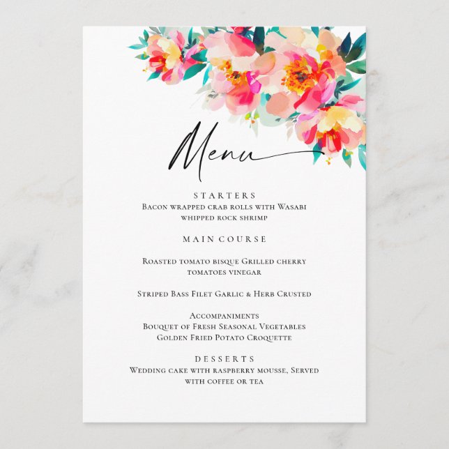Menu Elégant Aquarelle Fleurs sauvages Dîner Mariage (Devant)