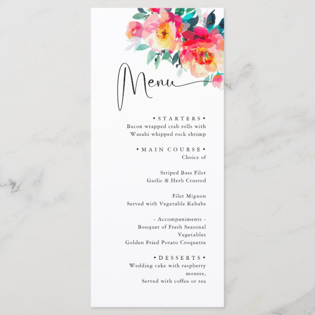 Menu Elégant Aquarelle Fleurs sauvages Dîner Mariage (Devant)