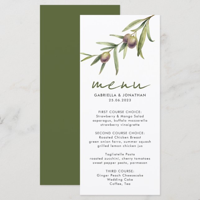Menu Elégant Aquarelle Mariage de Branche d'Olivier Men (Devant / Derrière)