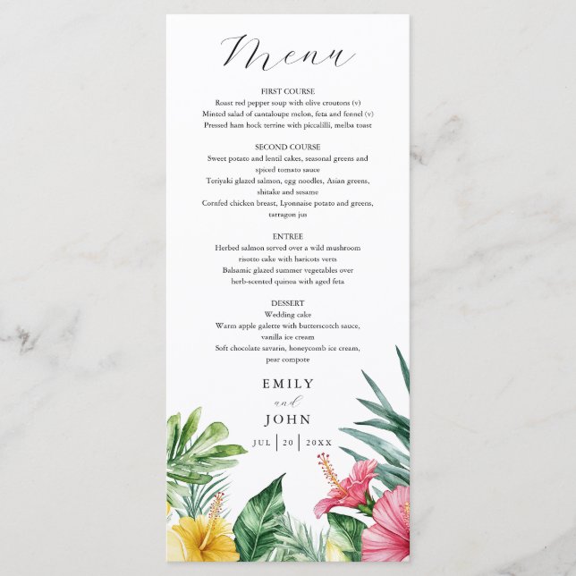 Menu Elégant aquarelle Mariage de fleurs tropicales (Devant)