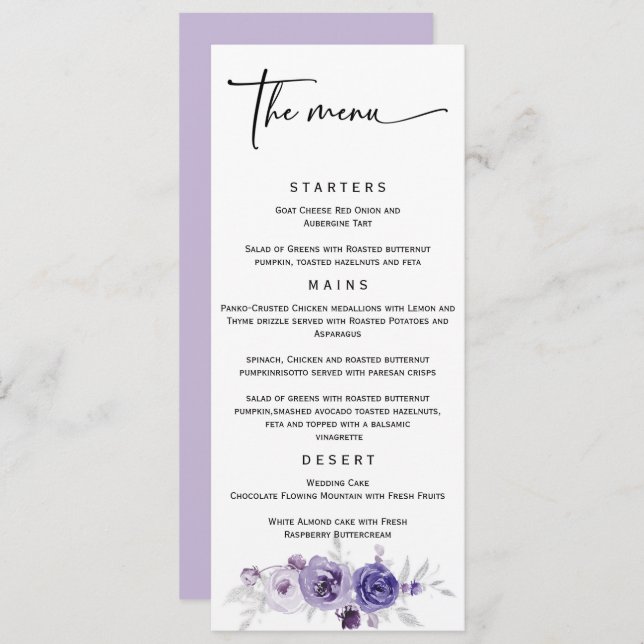 Menu Elegant Argent et Mariage violet (Devant / Derrière)
