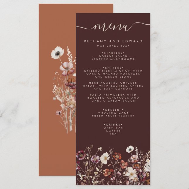 Menu Élégant automne Brown Mariage floral (Devant / Derrière)