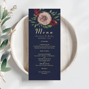 Menu Élégant Automne Floral Mariage Navy Bourgogne