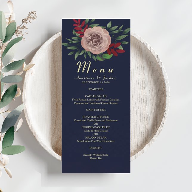 Menu Élégant Automne Floral Mariage Navy Bourgogne (Créateur téléchargé)