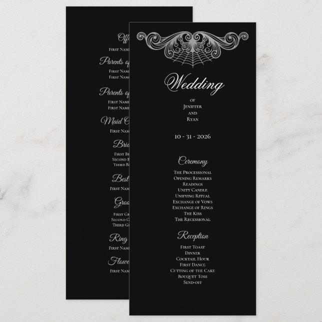 Menu Elegant black and white Gothic Wedding Program (Devant / Derrière)