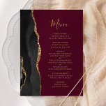 Menu Elégant Black Gold Agate Mariage Bourgogne<br><div class="desc">Le bord gauche de cet élégant menu mariage moderne comporte une bordure en aquarelle noire ornée d'une parties scintillant en faux or. Le texte personnalisable combine écriture manuscrite couleur or et polices de cuivre sur un arrière - plan bordeaux. Le dos est assorti d'un design d'agate noir et or.</div>