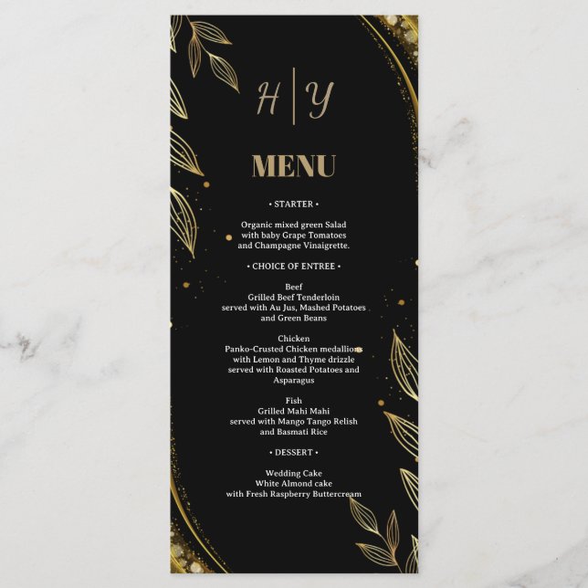 Menu Élégant Black Gold Floral | Mariage de conception  (Devant)