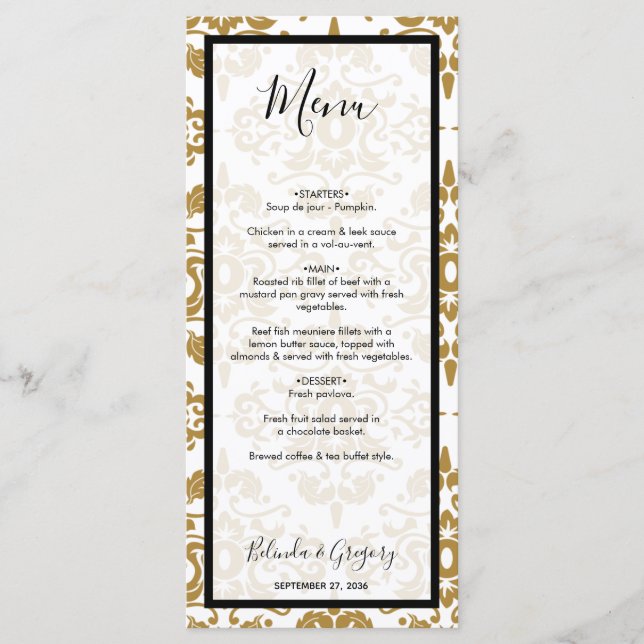 Menu Elégant Black Gold Vintage Wedding (Devant)