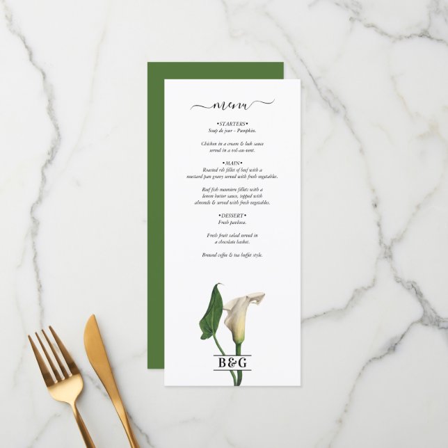 Menu Elégant blanc Calla Lily Vert Mariage botanique (Devant/Arrière en situation)