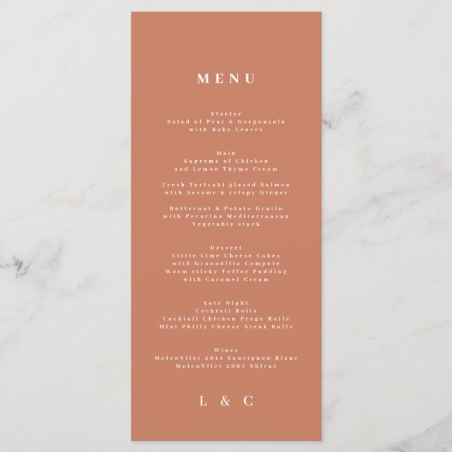 Menu Elégant blanc Dusty Orange + Monogramme en terre c (Devant)