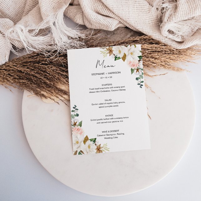 Menu Élégant blanc et rose pâle Magnolia Mariage floral (Elegant White & Blush Pink Magnolia Floral Wedding Menu)