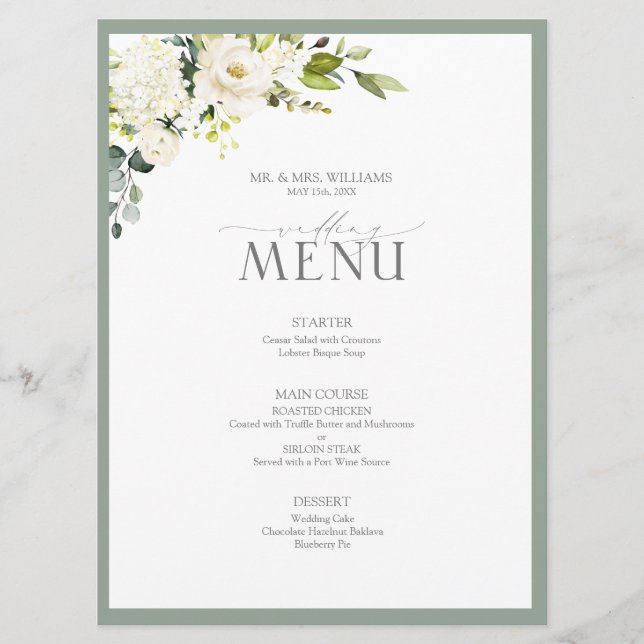 Menu Elégant blanc gris vert Aquarelle Mariage floral (Devant)