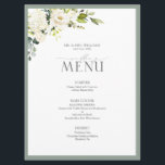 Menu Elégant blanc gris vert Aquarelle Mariage floral<br><div class="desc">Créez le cadre parfait de la réception avec ce menu tendance de 6, 5 x 8, 75 pouces avec un beau bouquet de fleurs blanches comme les roses et l'hydrangée jumelé à une magnifique végétation botanique et bordé d'un vert gris doux. Personnalisez vos détails accentués par une belle calligraphie à...</div>